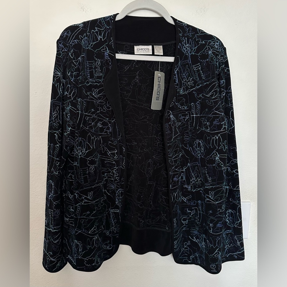 Women’s Chico’s Travelers Commotion Norma Jacket Black Embroidery Sz 1